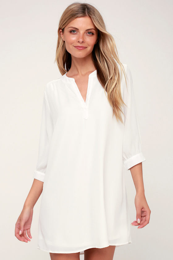 Chic Shift Dress White Dress ThreeQuarter Sleeve Dress Lulus