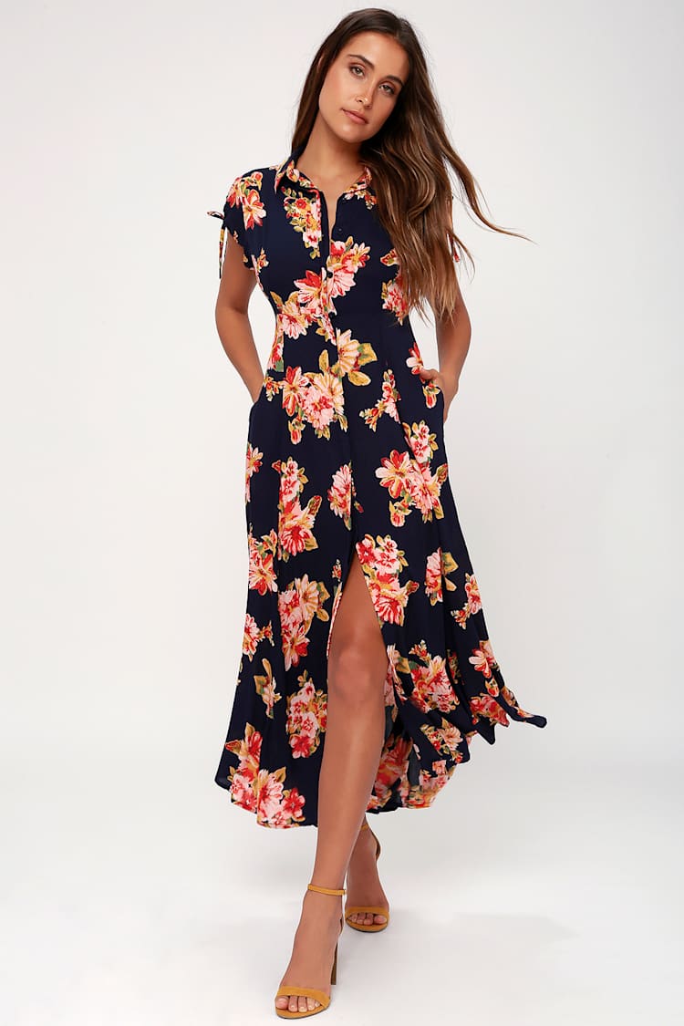 let me be printed boho midi dress - Dress - Navy Blue Floral Print Dress bohemian sensibility to any SID-FD11903P1821 KissProm Long Sleeve V-Neck Color:Blue Combo