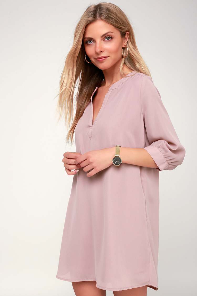 Chic Shift Dress - Mauve Dress - Three-Quarter Sleeve Dress - Lulus