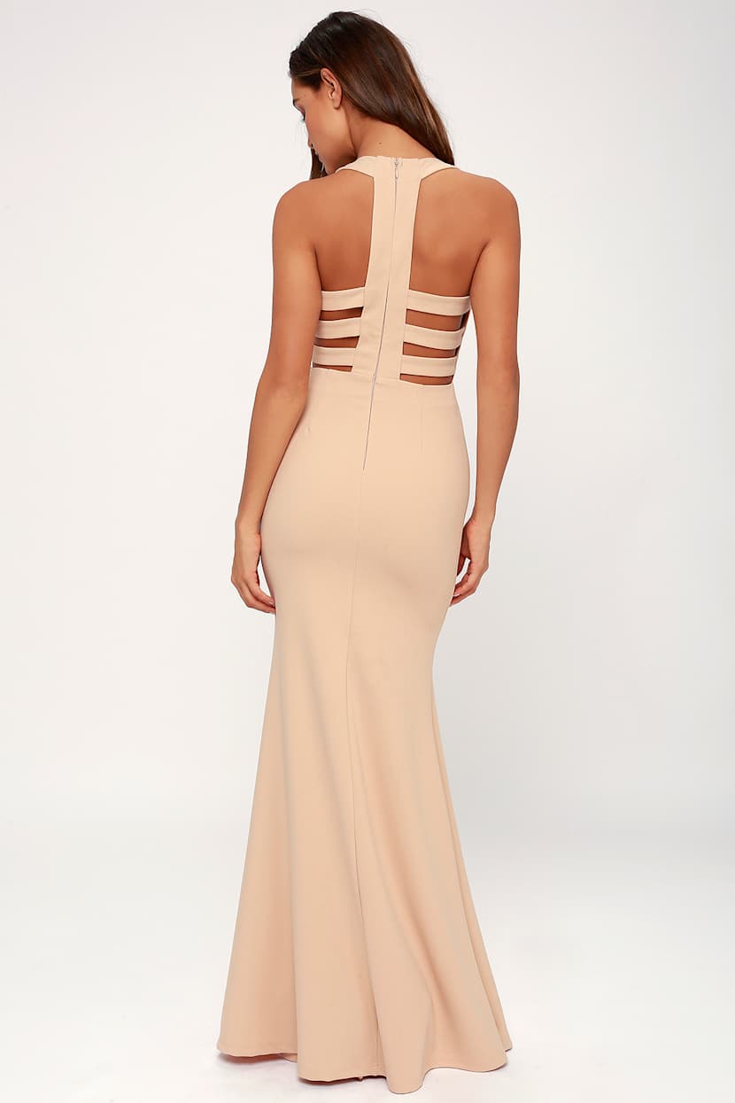 strapless open back dress Nude Rhinestone Maxi Dress