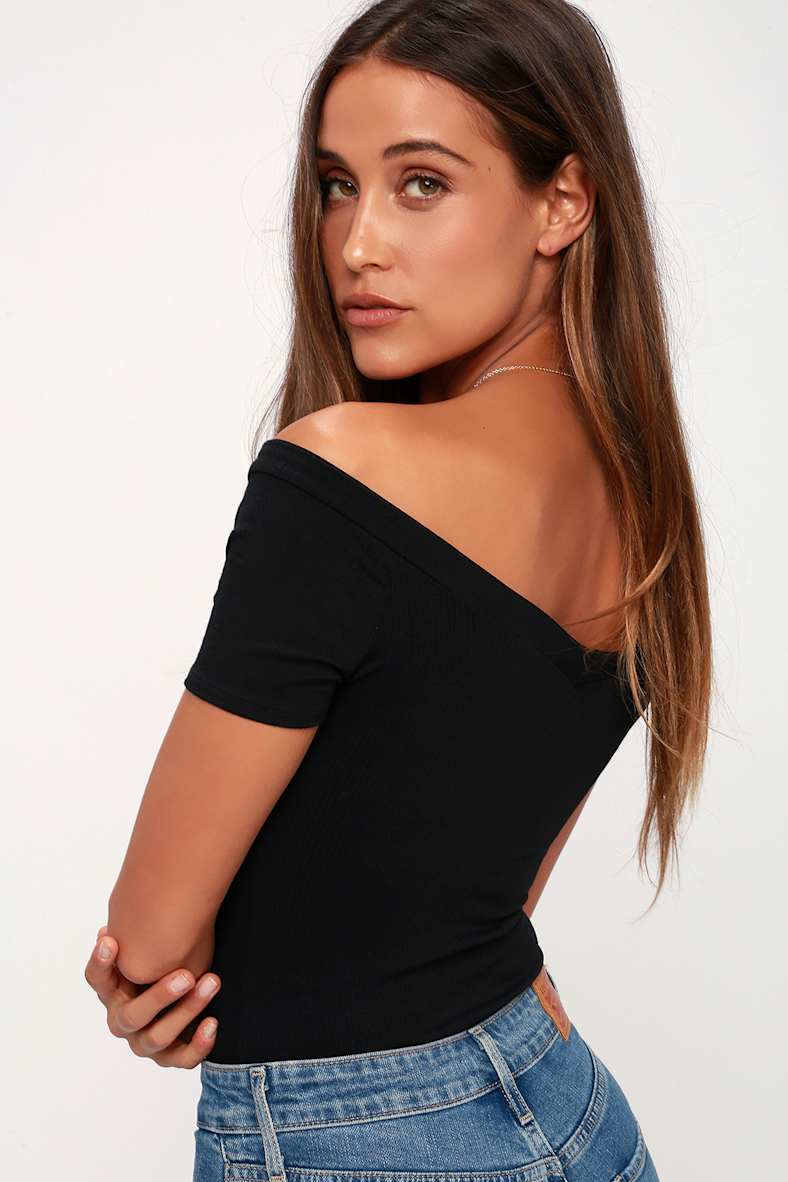Sandpiper Black Ribbed Off-the-Shoulder Bodysuit