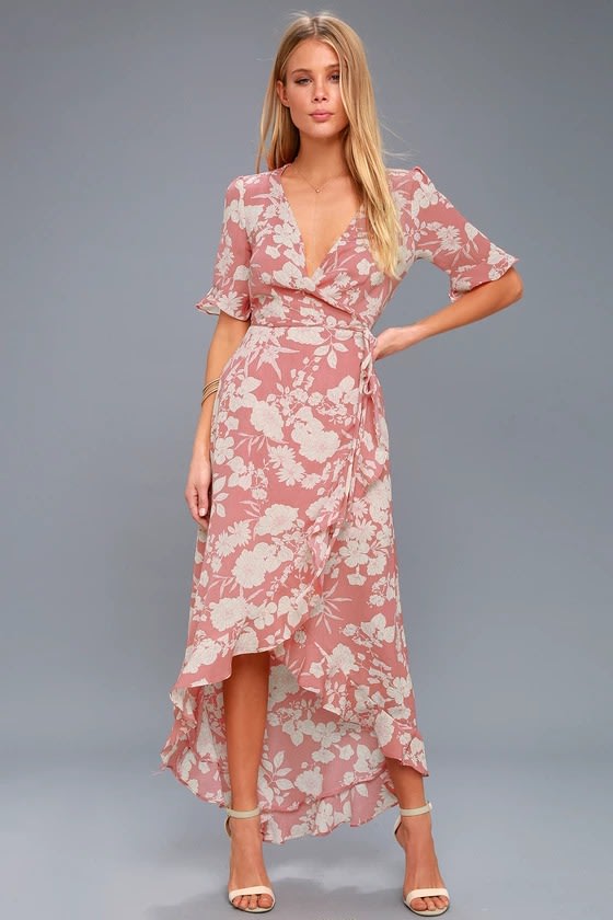 Cute Pink Floral Print Dress - High-Low Dress - Wrap Dress - Lulus