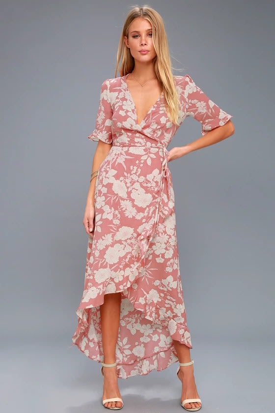Wild Winds Pink Floral Print High-Low Wrap Dress 4