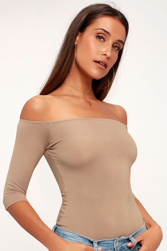 Upstage Light Brown Off-the-Shoulder Top 1