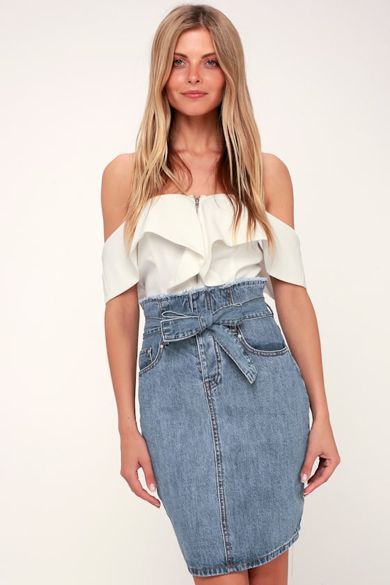 Monroe Medium Wash Denim Paper Bag Pencil Skirt 1