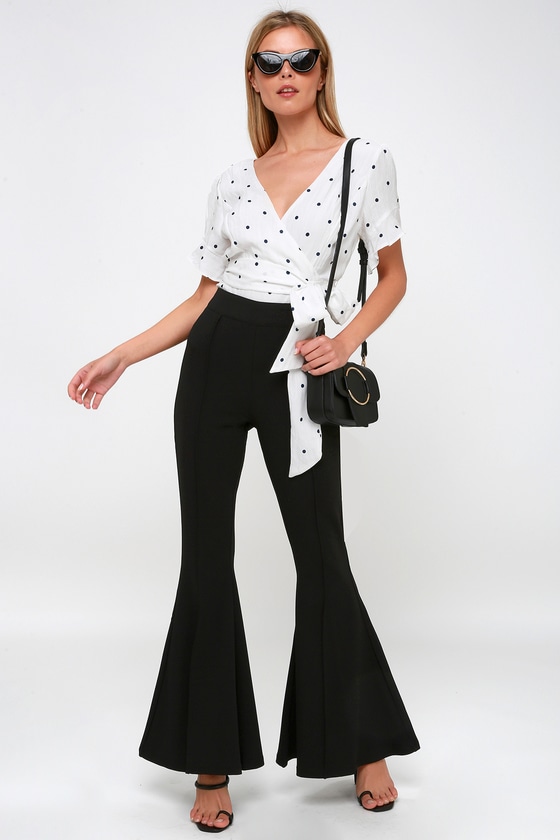 High Waist Flare Leg Pants with Lace Inset 30