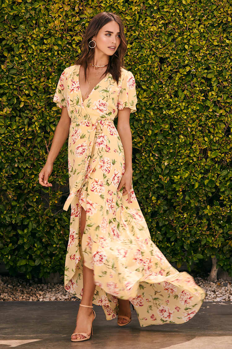 Cute Wrap Dress - Yellow Dress - Floral Dress - Maxi Dress - Lulus