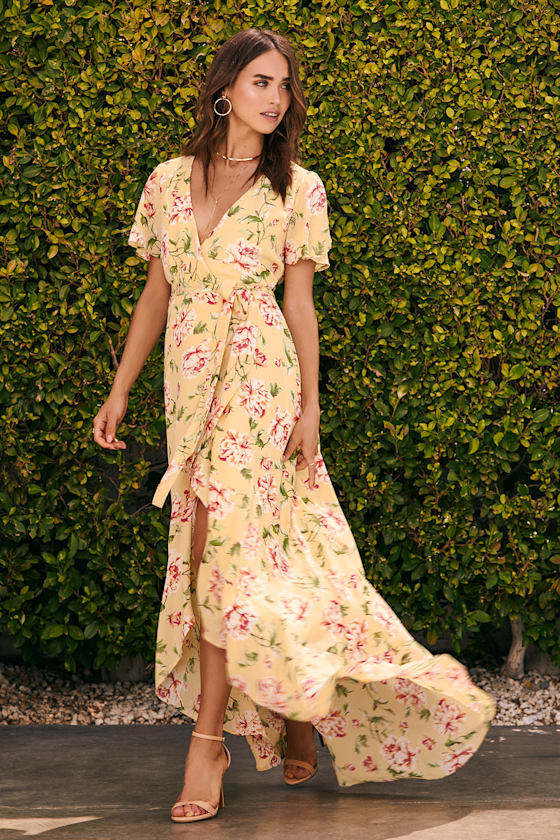 Cute Wrap Dress - Yellow Dress - Floral Dress - Maxi Dress - Lulus