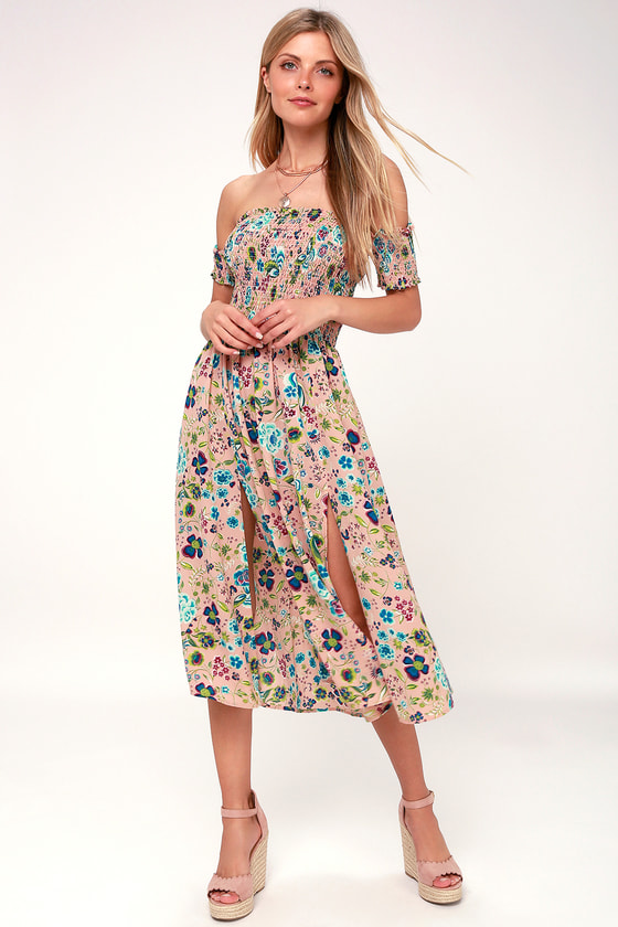 Cute Blush Floral Print Dress - Blush Off-the-Shoulder Midi Dress - Lulus