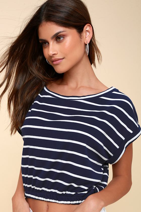 Rachel Navy Satin Ribbon Trim Crop Top main image 0