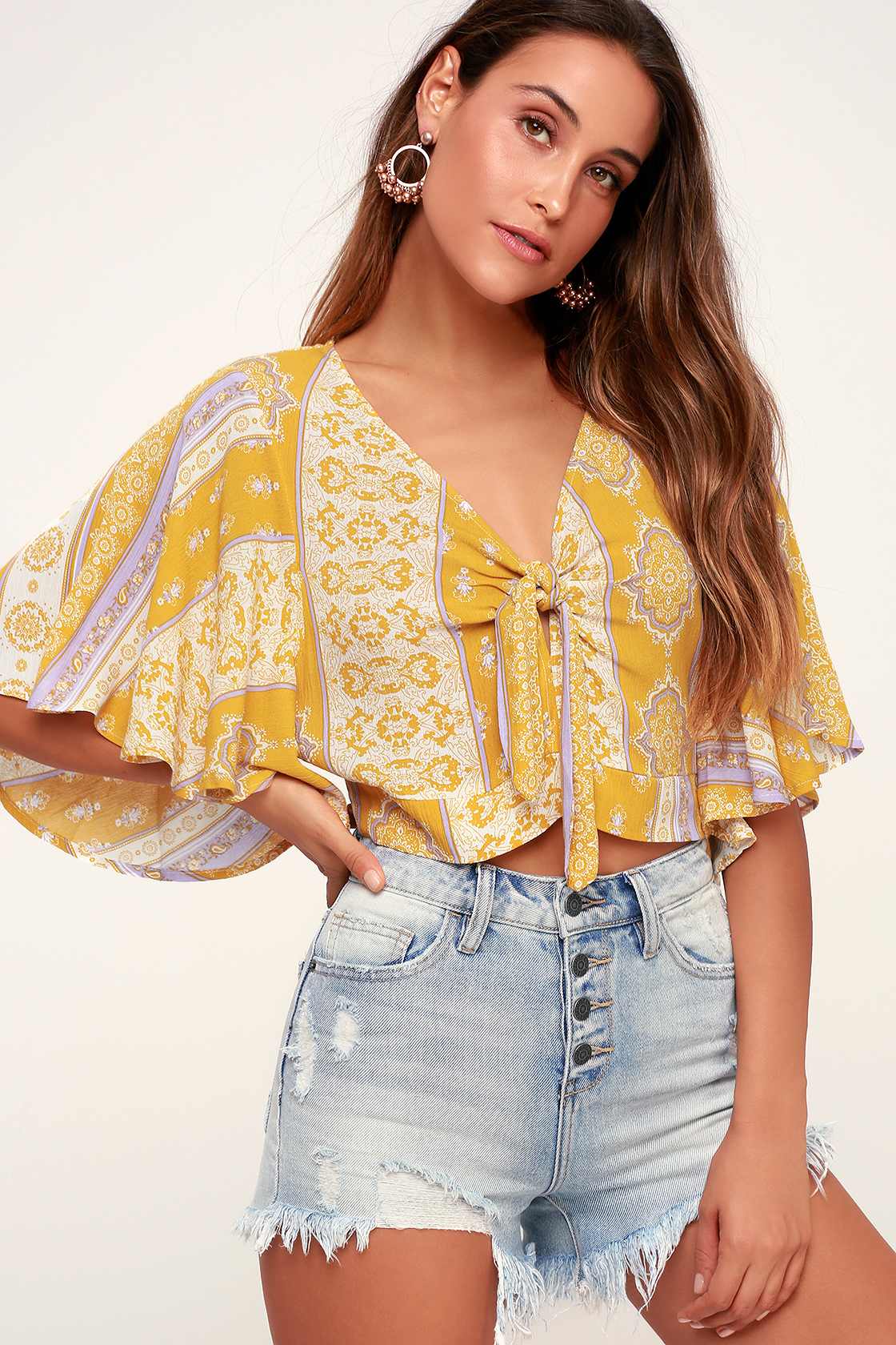 Boho Top Crop Top Mustard Yellow Top TieFront Top Lulus
