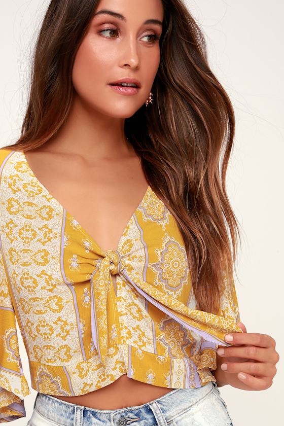 mustard yellow tie front top