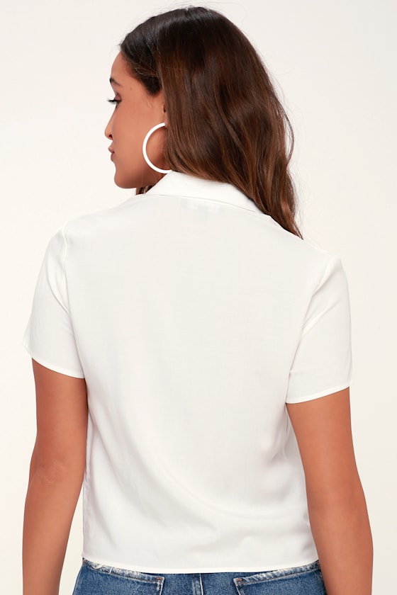 Always Chic White Button-Up Tie-Front Crop Top 4