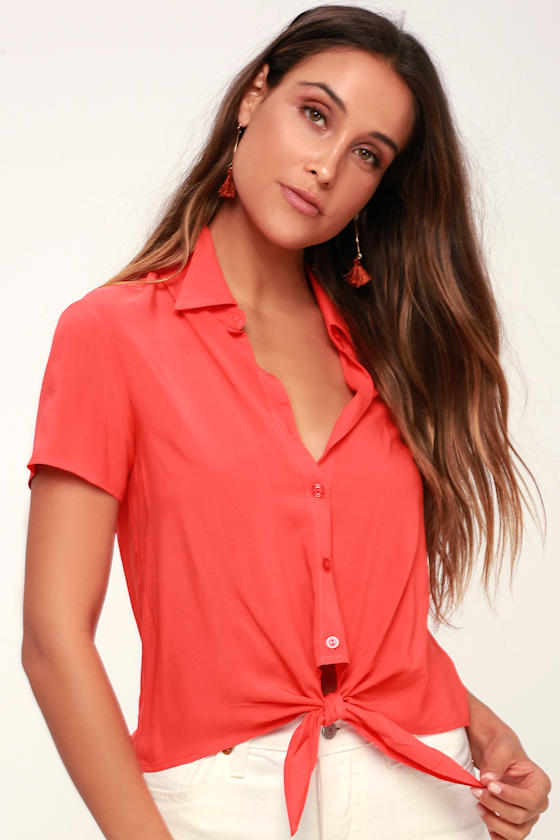 Celia Cotton Crop Button Down Top - Red Bean