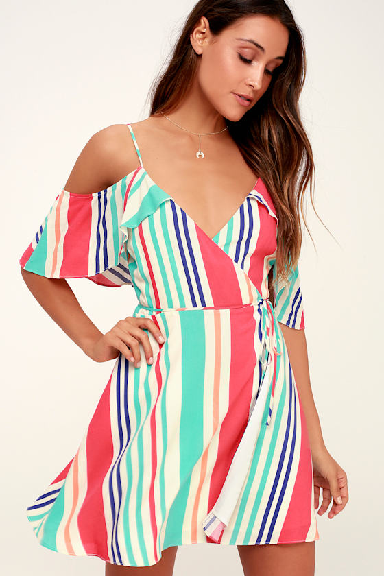 Caliente Turquoise Striped Off-the-Shoulder Wrap Dress 1