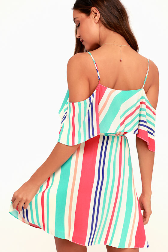 Caliente Turquoise Striped Off-the-Shoulder Wrap Dress 2