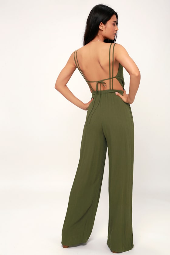 Cool Olive Green Jumpsuit Backless Jumpsuit Strappy Jumpsuit Lulus