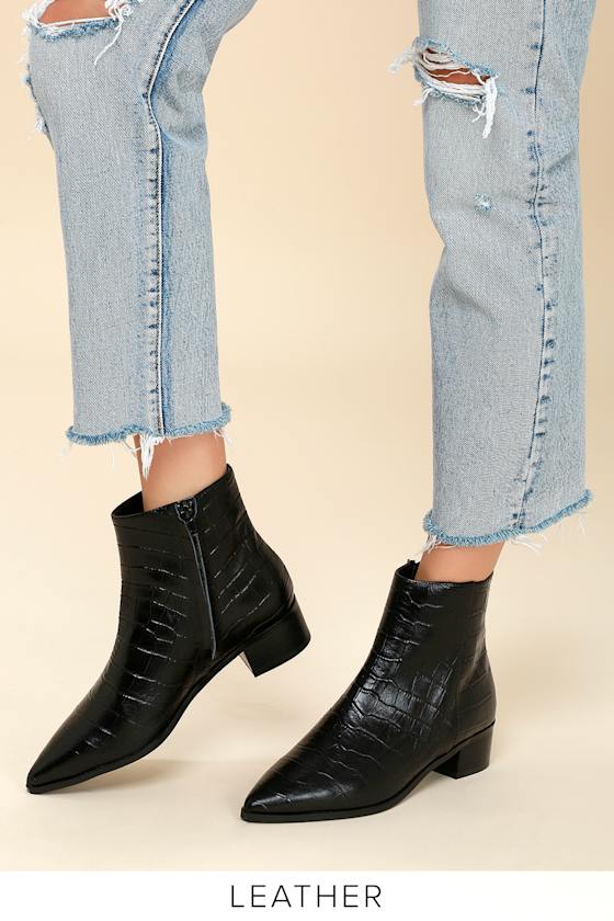 Jayden Black Croc Embossed Leather Ankle Booties 1