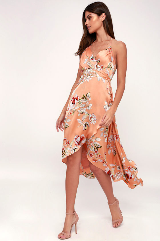 Florish You Well Peach Floral Print Satin High-Low Wrap Dress 3