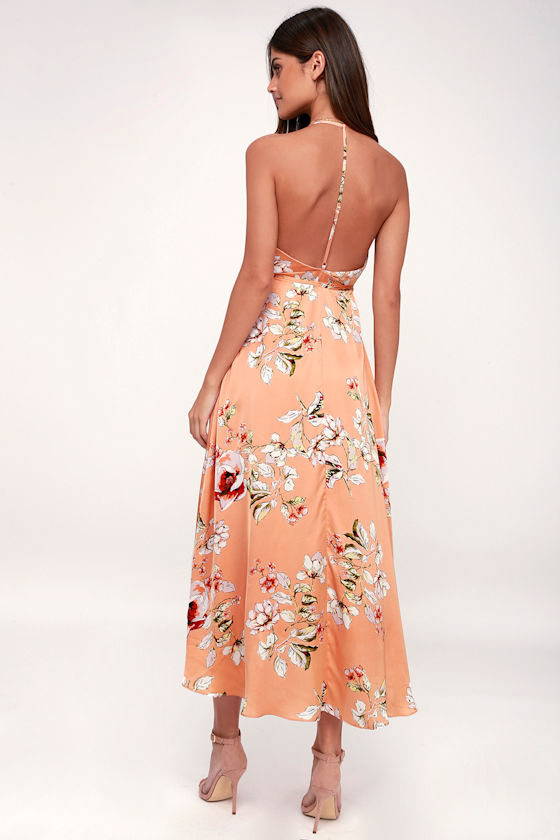 Florish You Well Peach Floral Print Satin High-Low Wrap Dress 4