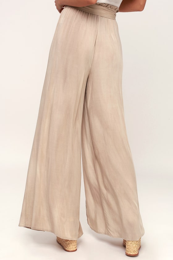 Beige Pants - Wide-Leg Pants - Slit Pants - Mineral Wash Pants