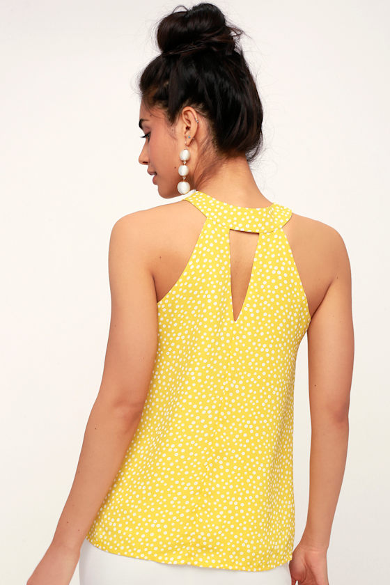 Chic Yellow Top - Polka Dot Top - Tie Neck Top - Office Chic