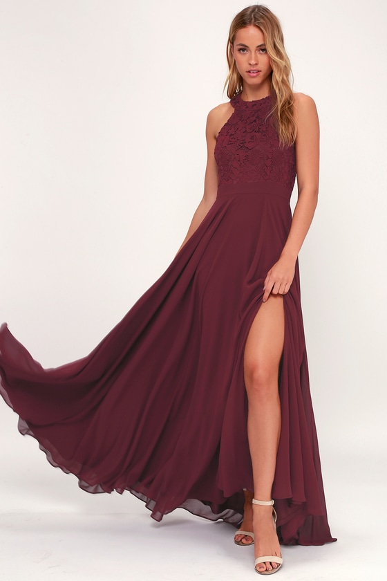 burgundy halter maxi dress