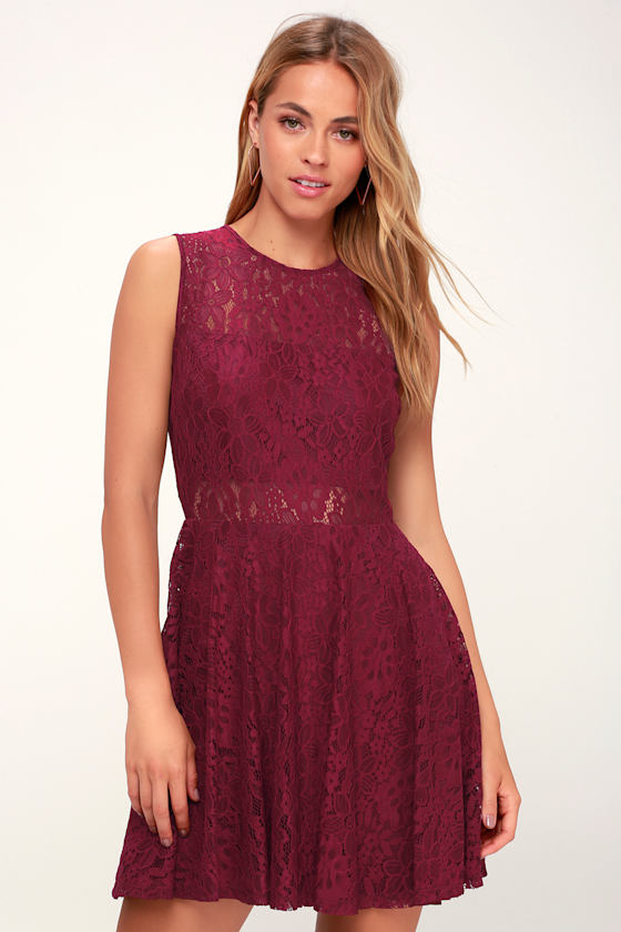 Everleigh Wine Red Lace Skater Dress