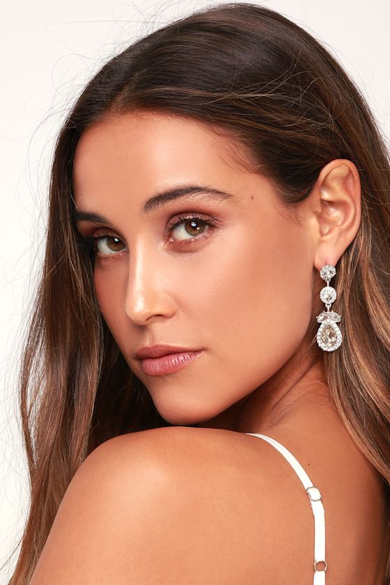 Silver and Grey Rhinestone Earrings Statement Earrings Lulus