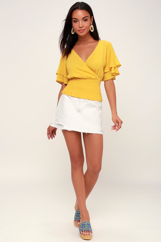 Mustard Yellow Top Surplice Top Smocked Top Ruffled Top Lulus