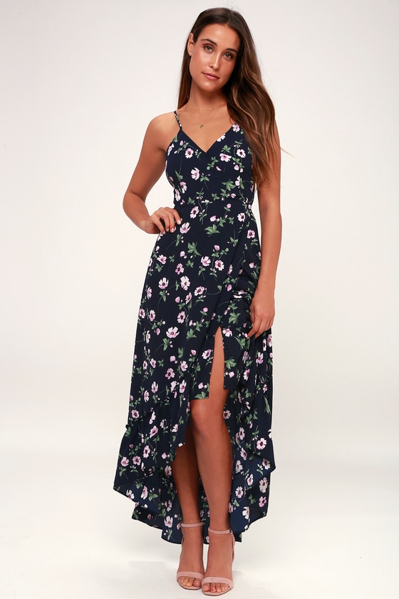 Lovely Floral Dress - Navy Blue Maxi Dress - Blue Wrap Maxi Dress - Lulus