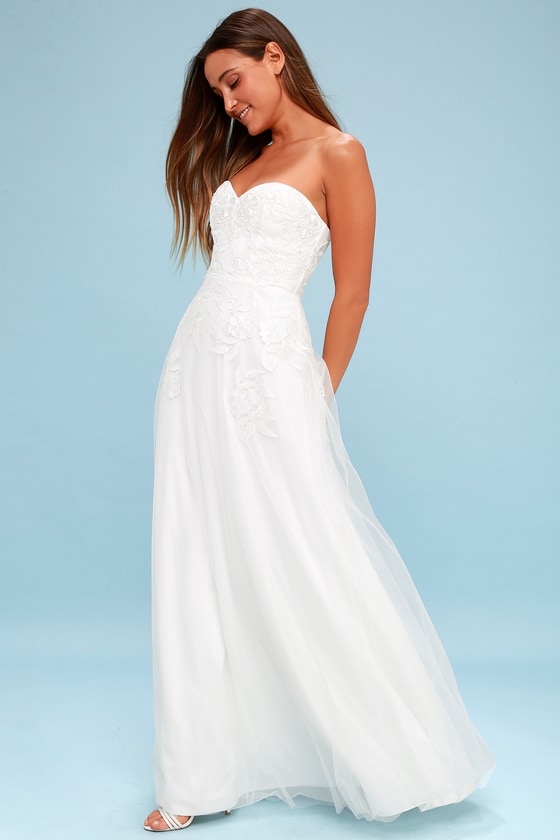 Elegant White Maxi Dress - Strapless Dress - Embroidered Dress - Lulus
