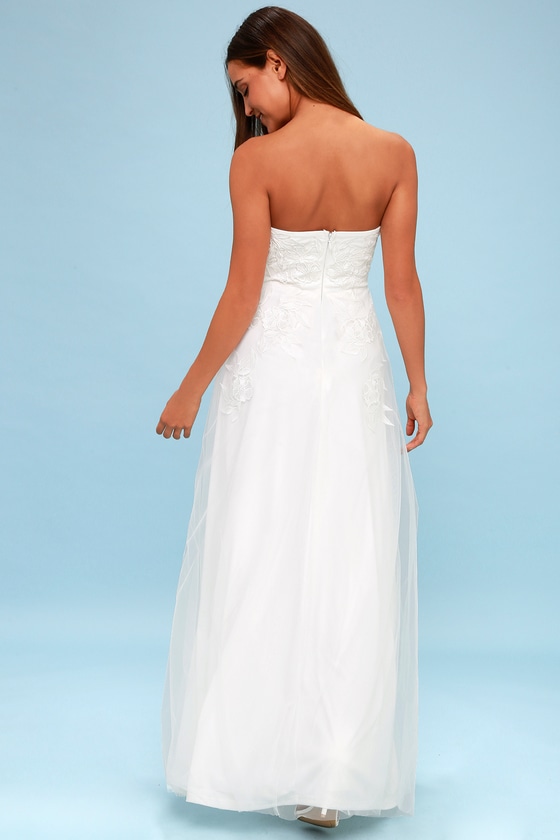 Elegant White Maxi Dress - Strapless Dress - Embroidered Dress - Lulus