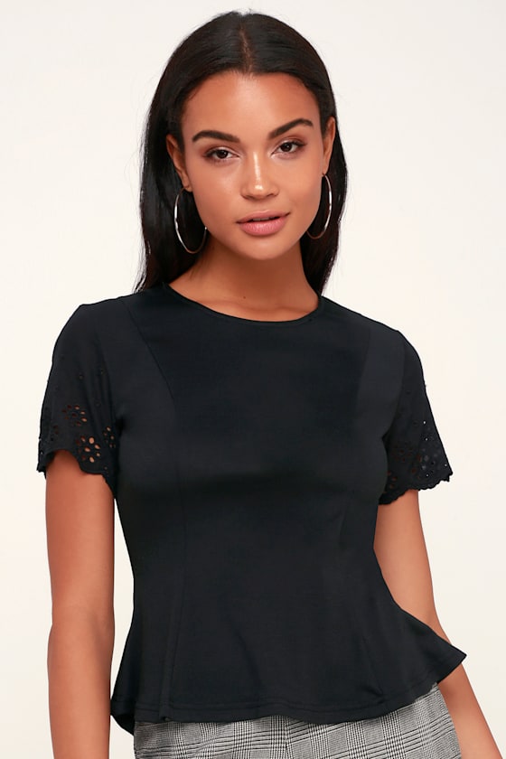 Cute Top Lace Sleeve Top Office Wear Black Top Eyelet Top Lulus