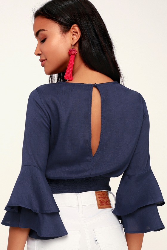 Chic Navy Blue Blouse - Knotted Crop Top - Bell Sleeve Crop Top - Lulus