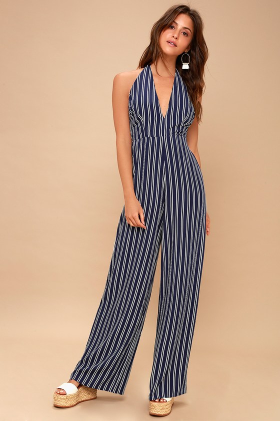 blue and white striped jumpsuit