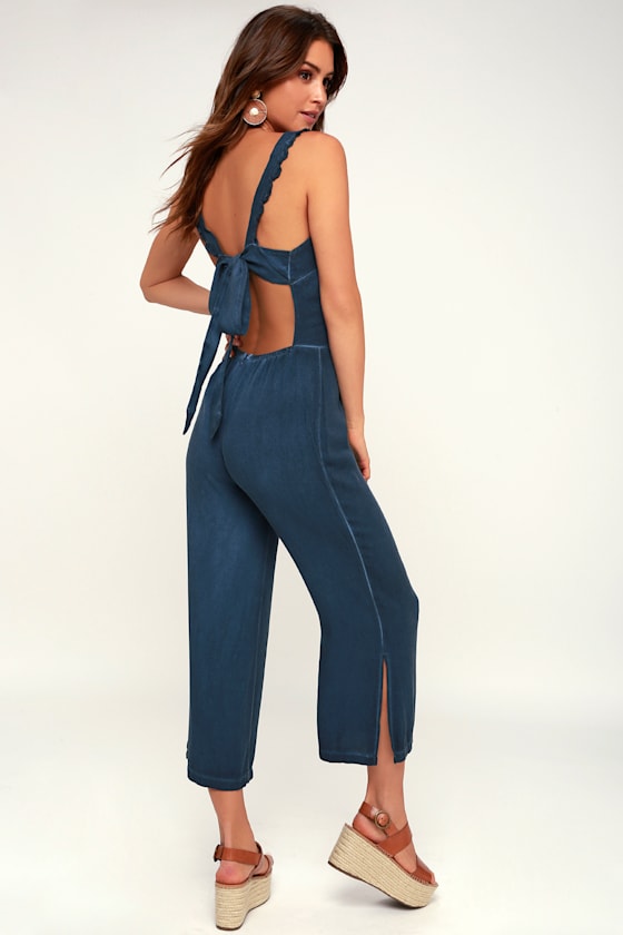 Sonya Washed Navy Blue Backless Jumpsuit 3