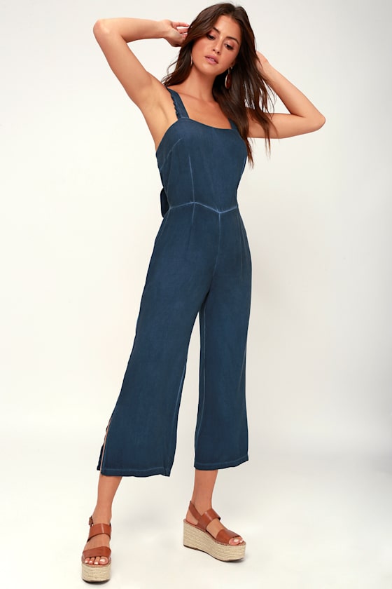 Sonya Washed Navy Blue Backless Jumpsuit 1