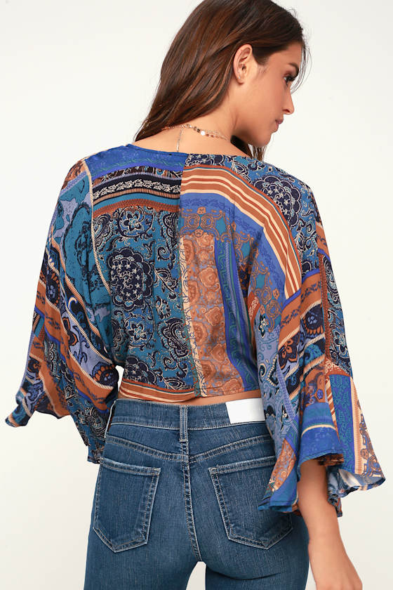Moriarty Blue Print Tie-Front Crop Top 2
