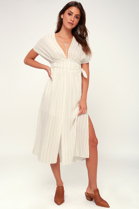 ASTR the Label Sierra - White and Taupe Striped Midi Dress - Lulus