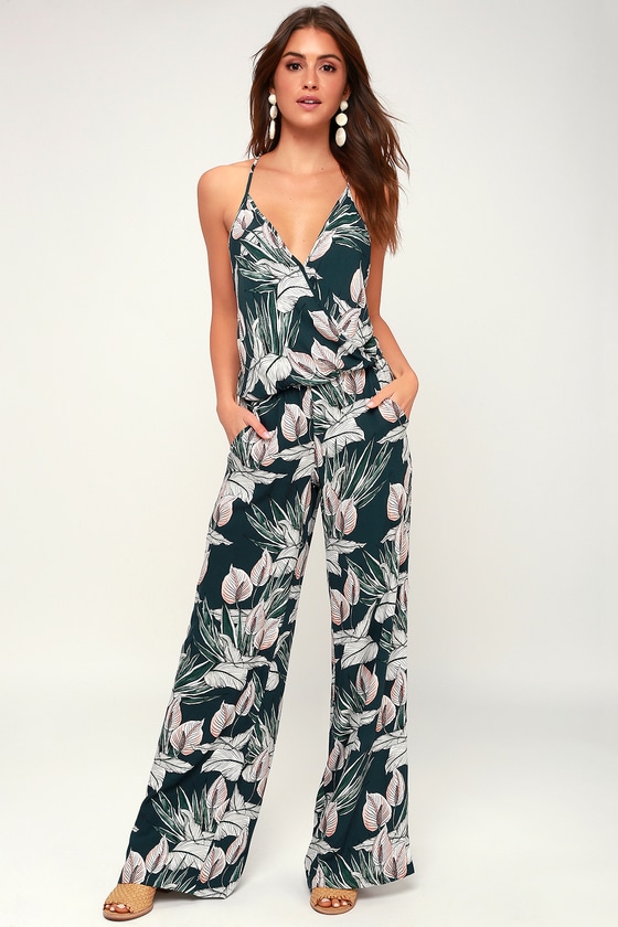 On the Road Florence - Forest Green Tropical Print Jumpsuit - Lulus