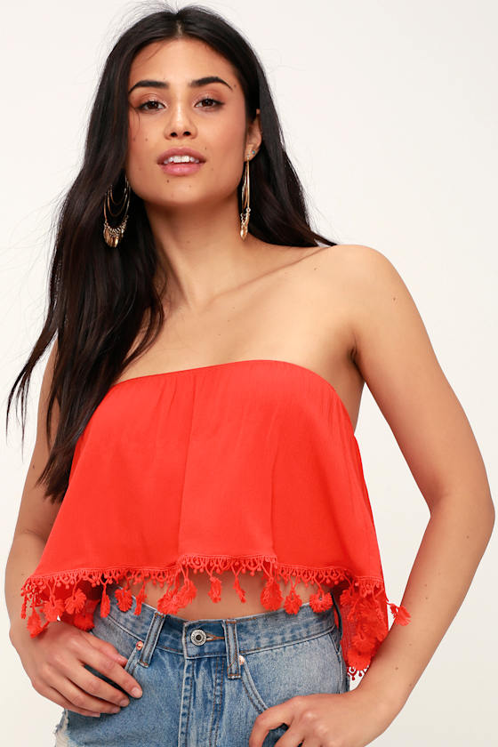 In No Time Coral Red Strapless Crop Top 3