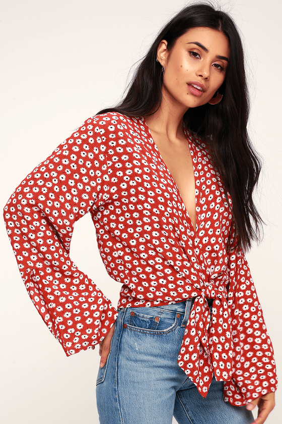 red floral tie front top