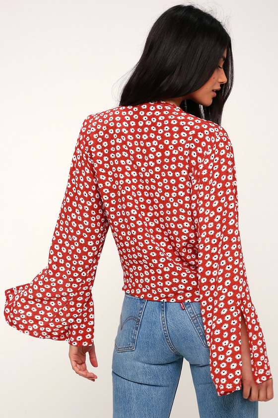 red floral tie front top