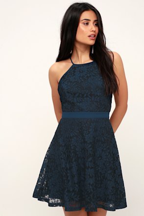 Cute Navy Blue Dress Blue Lace Dress Blue Skater Dress Lulus