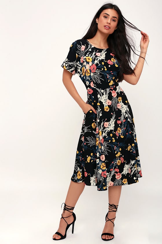 Chic Black Dress Floral Print Dress Short Sleeve Midi Dress Lulus