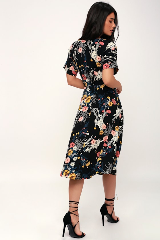 St. Tropez Harbor Black Floral Print Short Sleeve Midi Dress 2