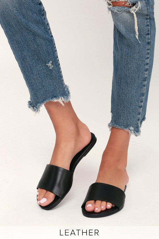 black leather slip on mules