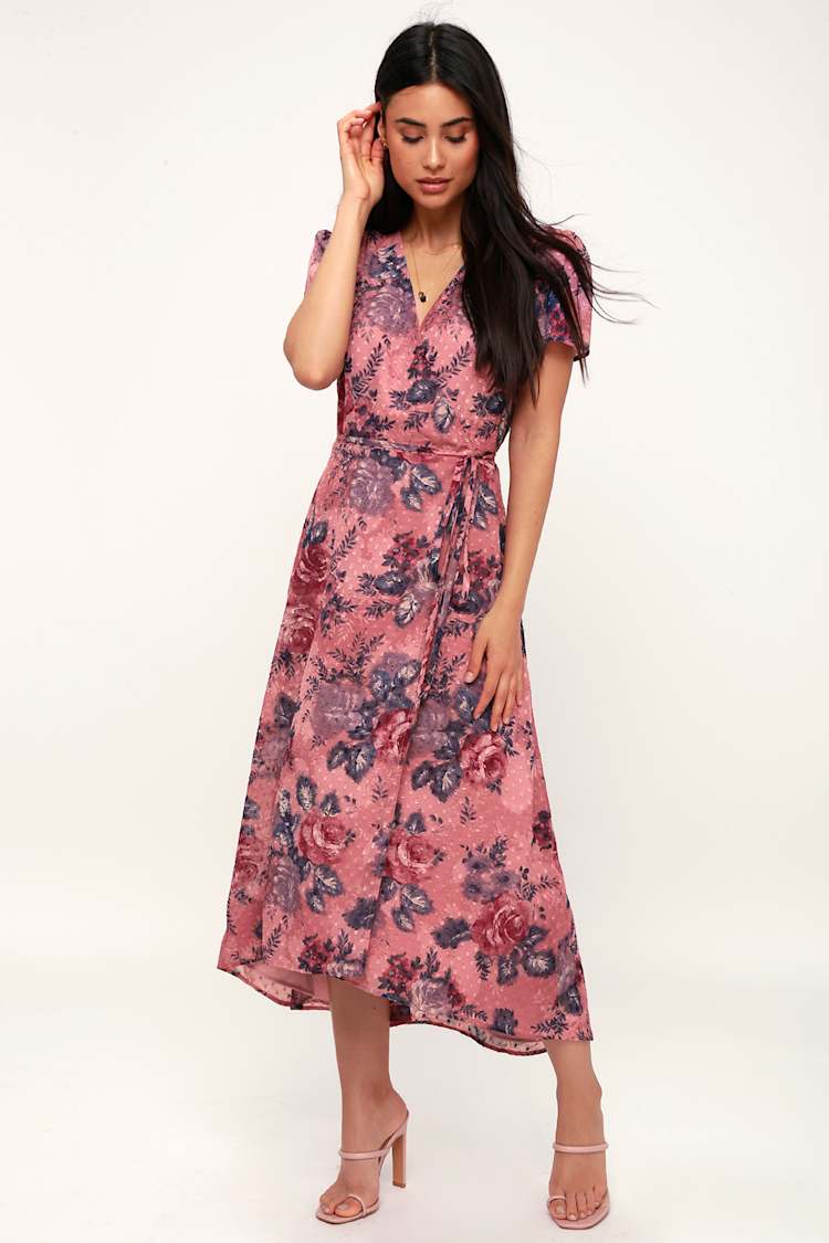WAYF Lorna Dress - Midi Dress - Wrap Dress - Pink Floral Dress - Lulus