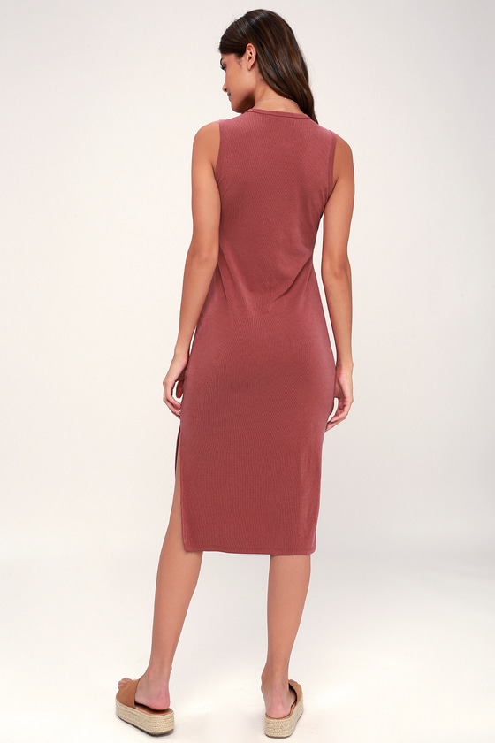 Chic Washed Red Dress Ribbed Knit Dress Ribbed Midi Dress